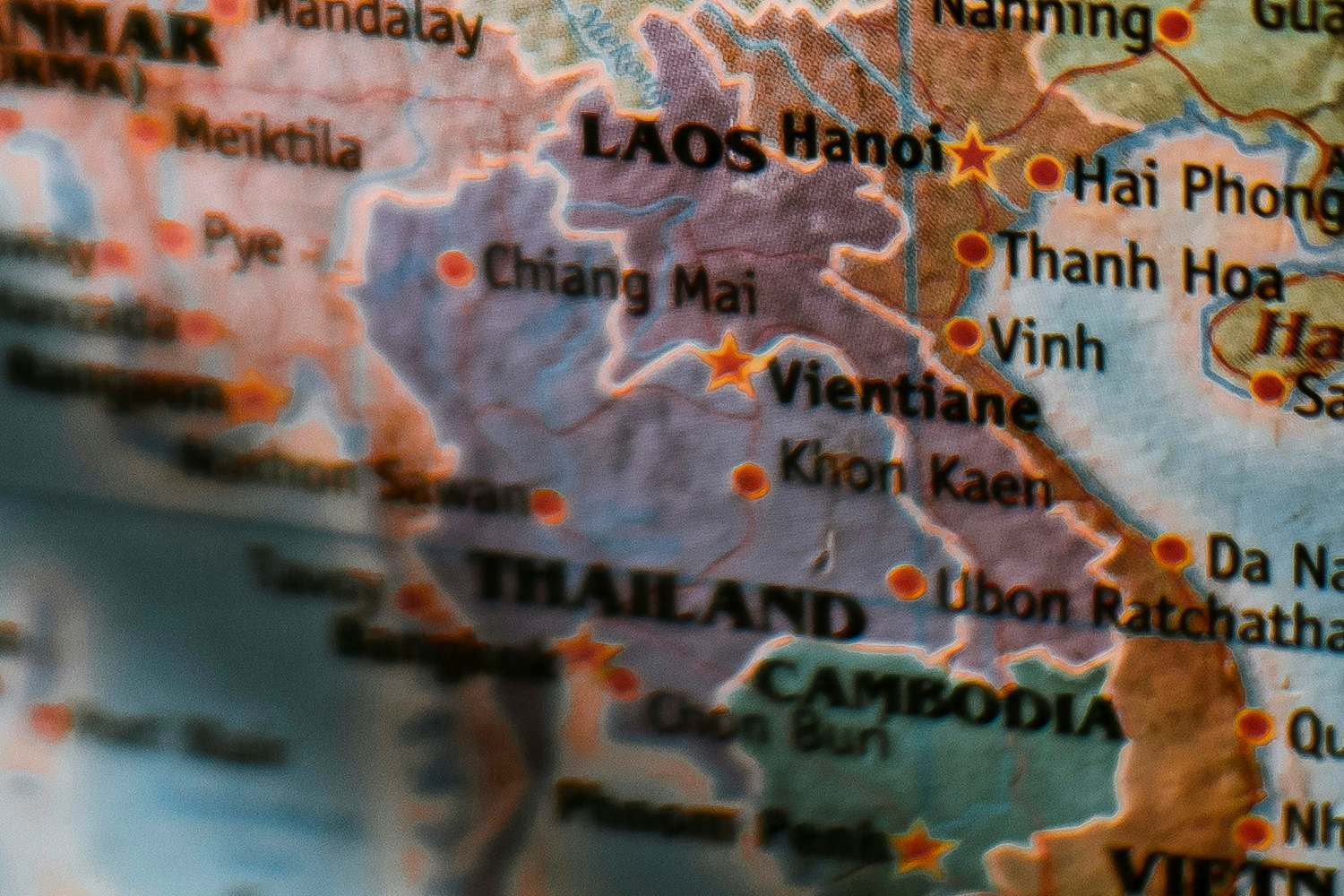Close-up of a printed map of mainland South-East Asia with Thailand at the centre