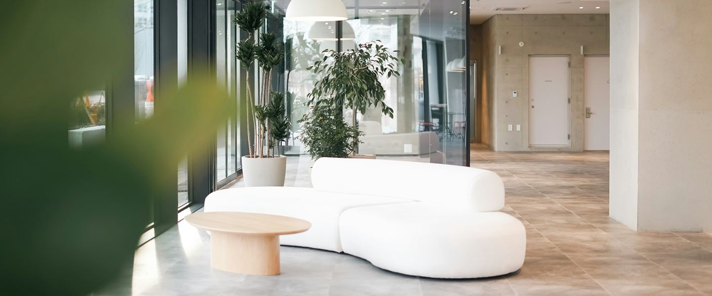 Bright office lobby with a white curved sofa and indoor plants
