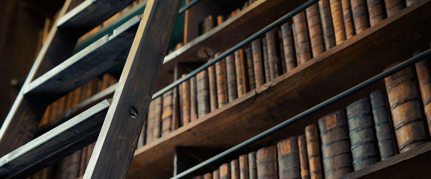 Rows of old leather-bound books on wooden library shelves beside a ladder